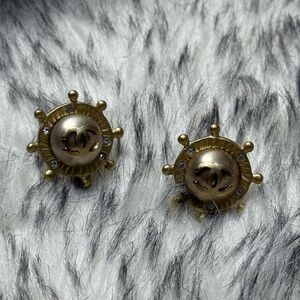 CHANEL Gold Wheel Earrings with Crystal Accents
